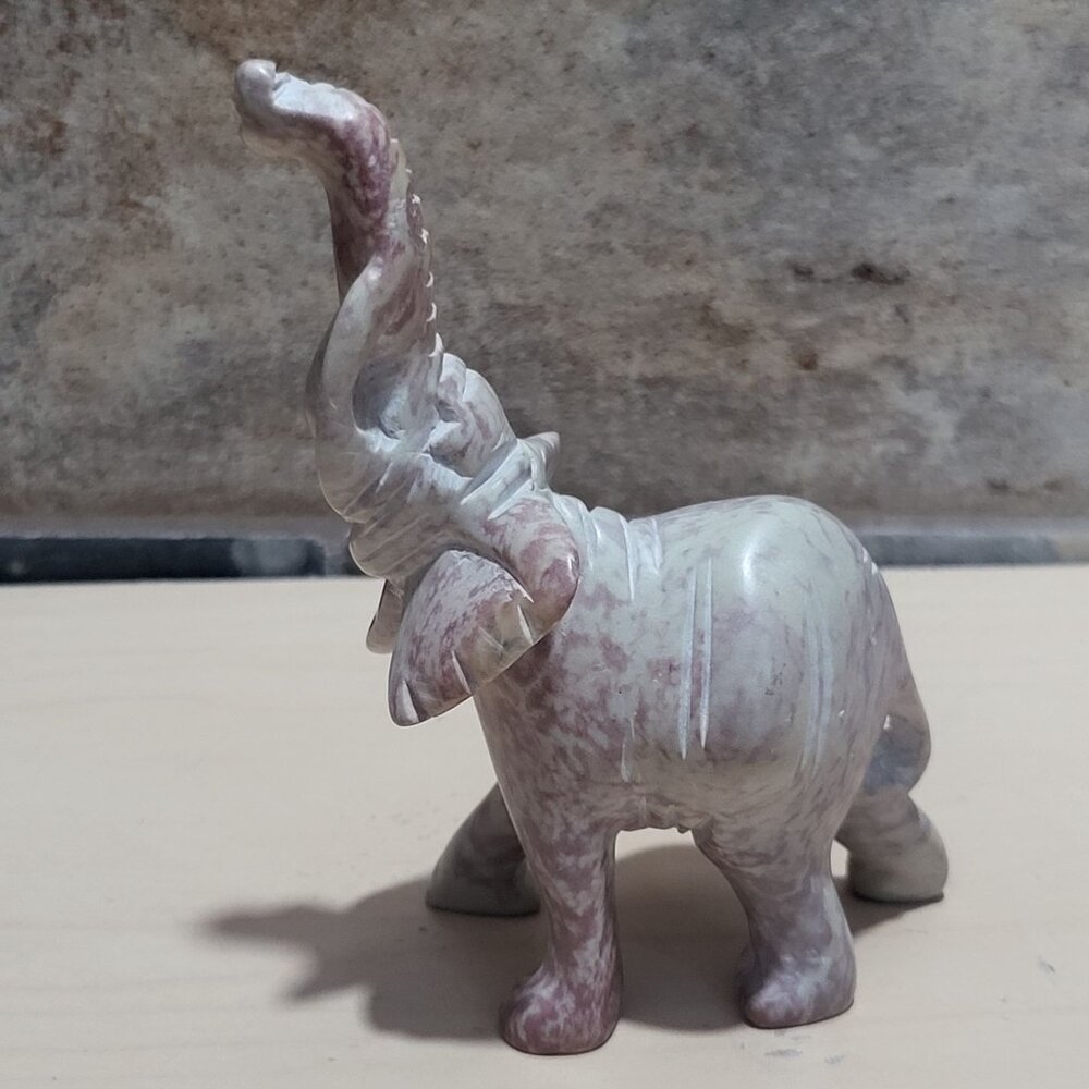 Small Hand Carved Elephant Figurine Pink White Stone Marble Onyx Trunk Raised